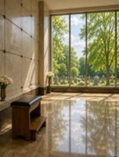 Indoor columbarium niche with prayer bench overlooking peaceful cemetery in Delmar, NY