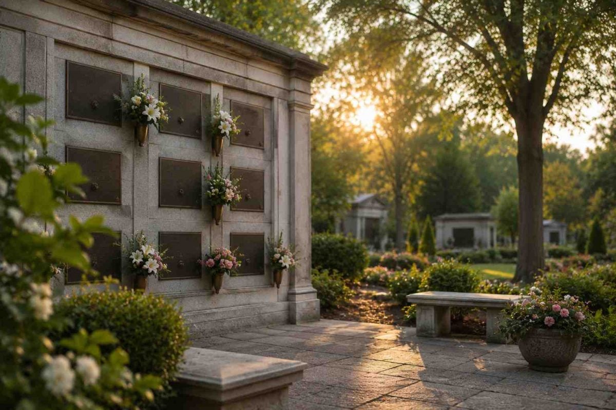 Mausoleum memorial setting in Troy, NY with flowers, greenery, and a peaceful tribute space.