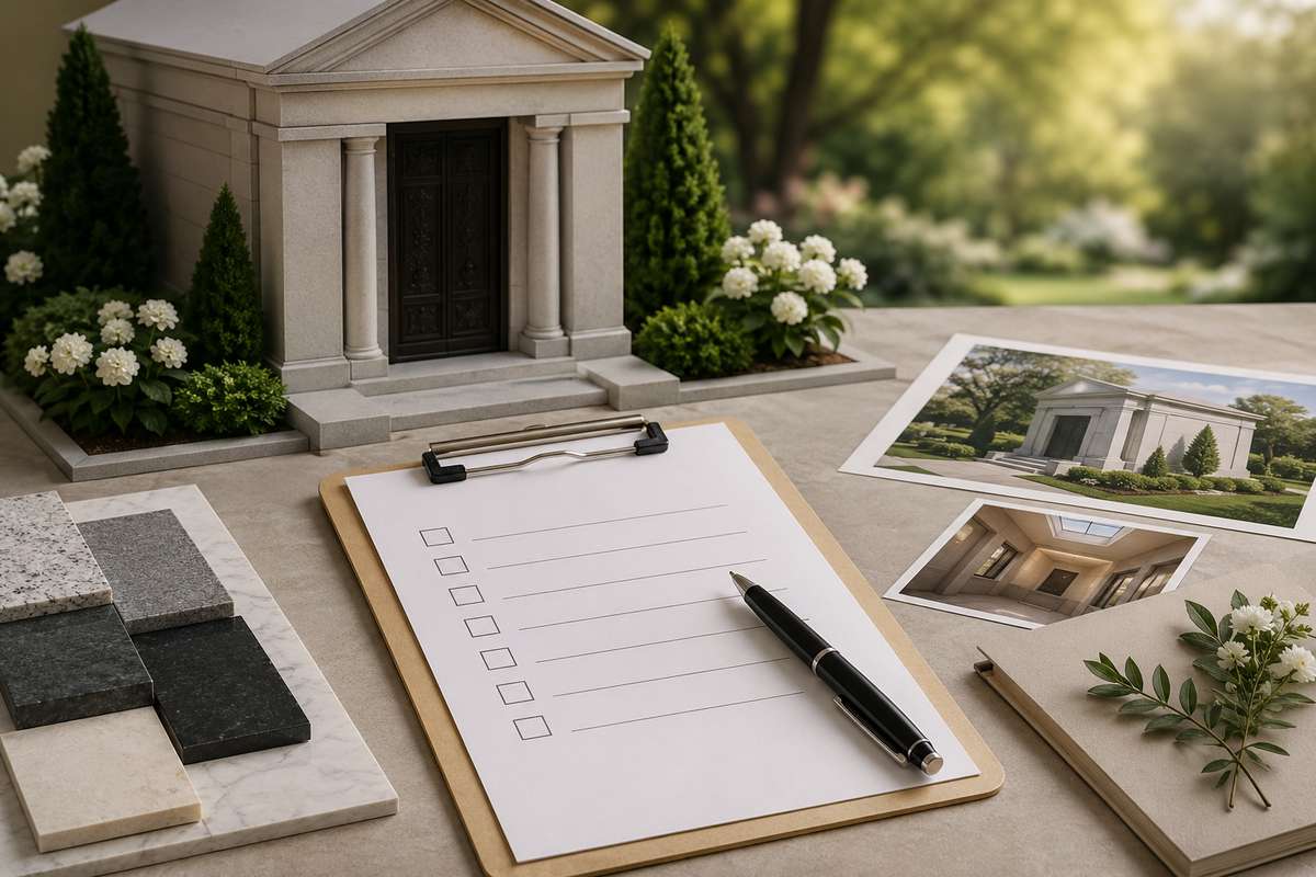 Mausoleum planning checklist with design samples and materials in Troy, NY.