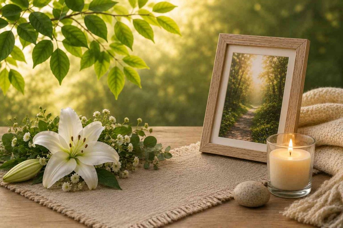 Memorial display with white lilies, a framed photo, and a candle honoring a loved one in Schenectady, NY.