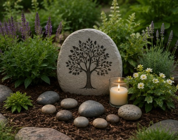 Memorial garden in Albany, NY with an engraved stone, candle, flowers, and natural landscaping.