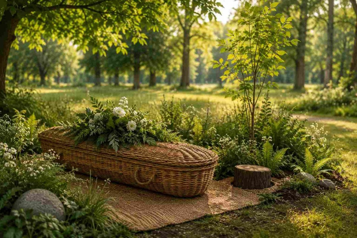Natural green burial setting in Schenectady, NY with a wicker casket surrounded by flowers and greenery.