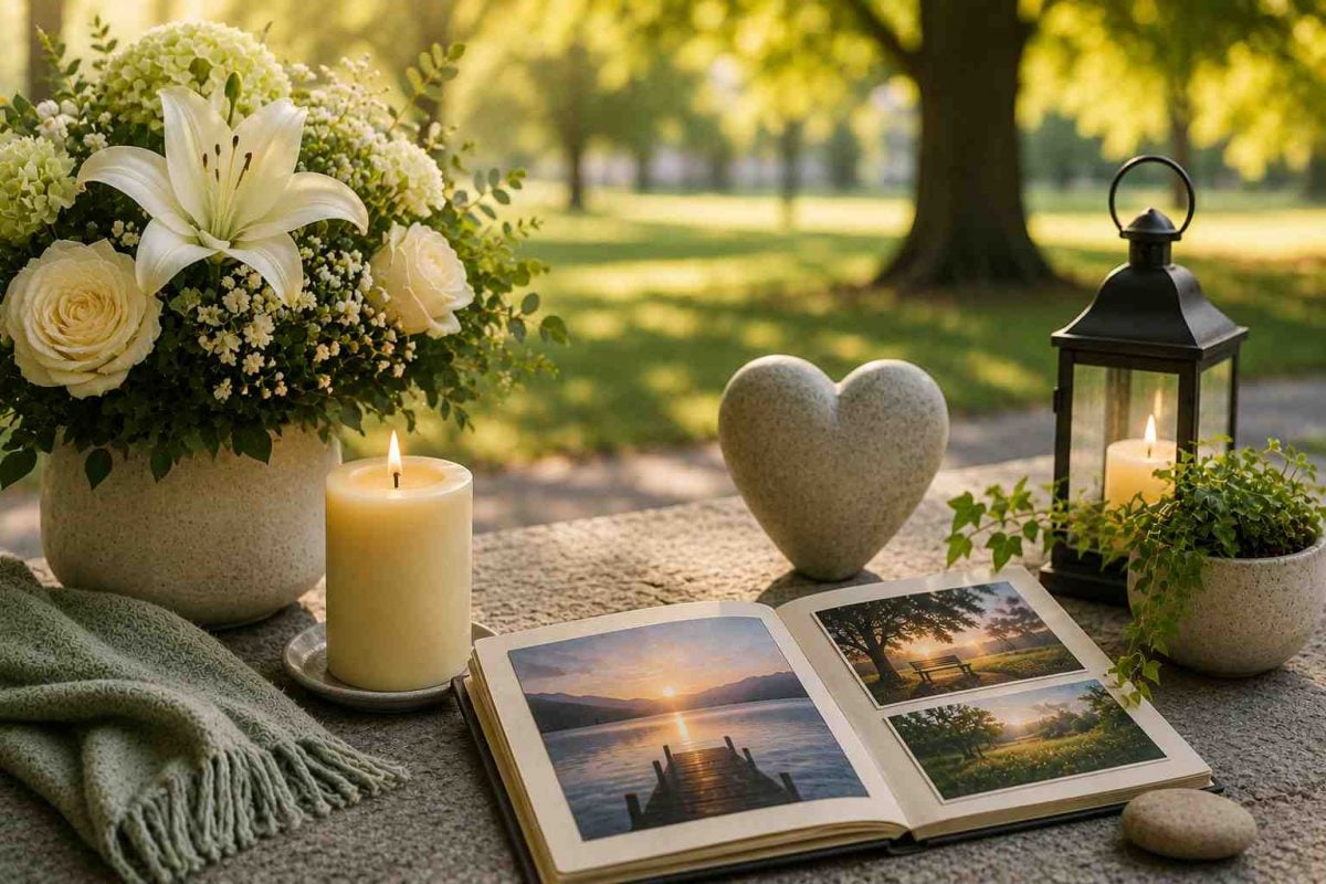 Peaceful outdoor memorial in Albany, NY with flowers, candles, and a memory book.