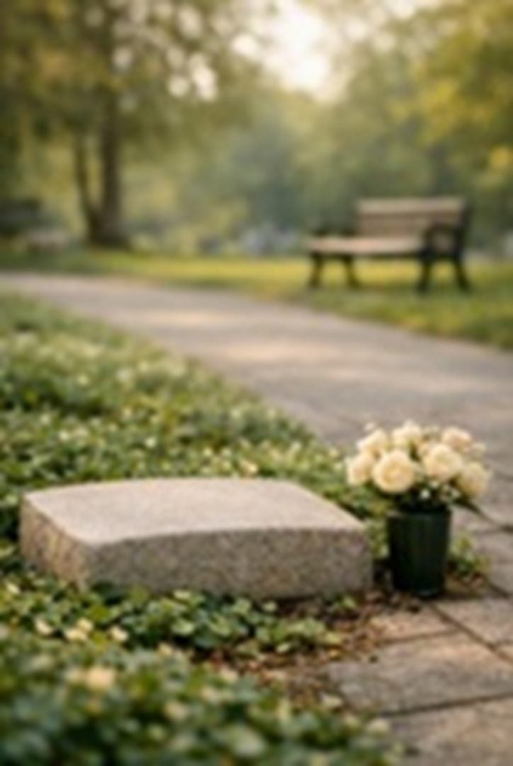 Peaceful urn garden memorial with flowers and garden bench in Albany, NY