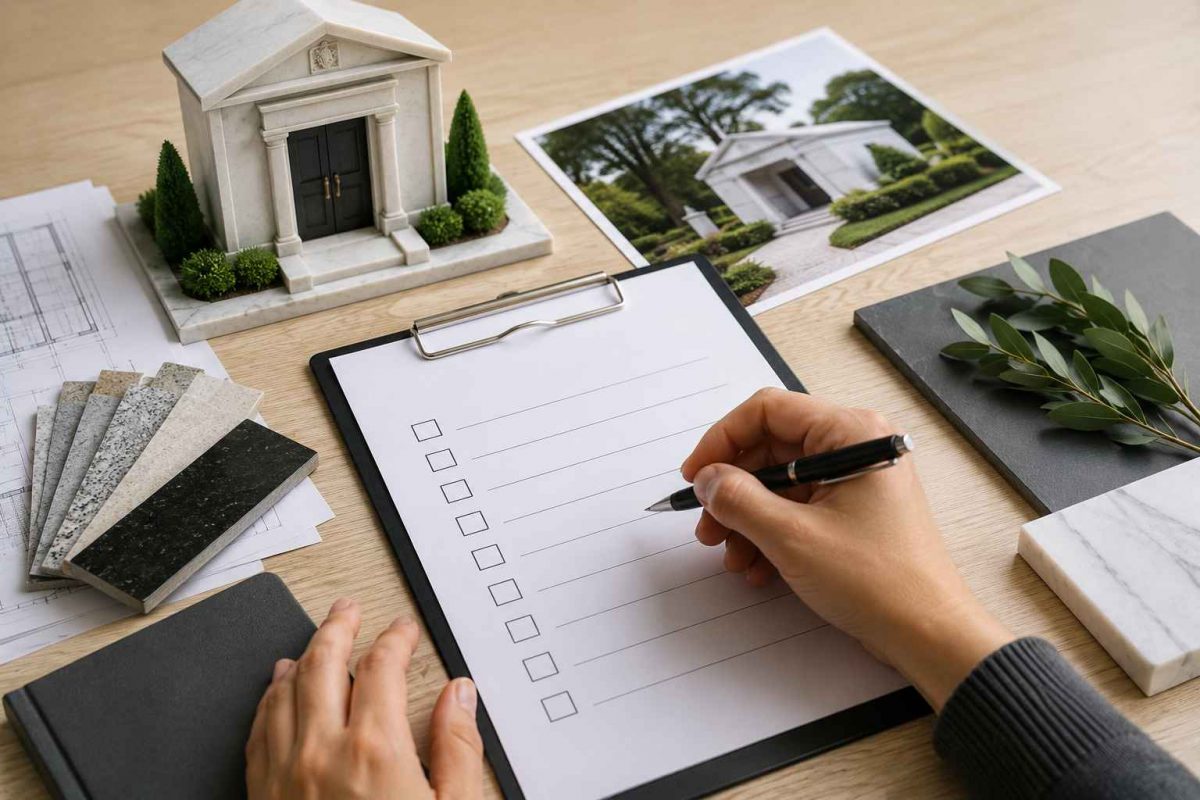 Person completing a mausoleum planning checklist with design samples and stone options in Troy, NY.