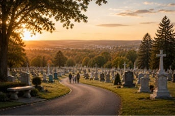 Scenic cemetery pathway with distant family and memorials in Albany, NY