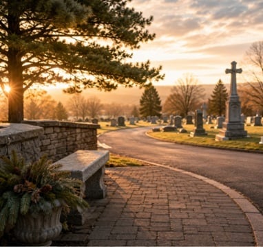 Scenic cemetery walkway with headstones, stone bench, and memorial cross in Albany, NY