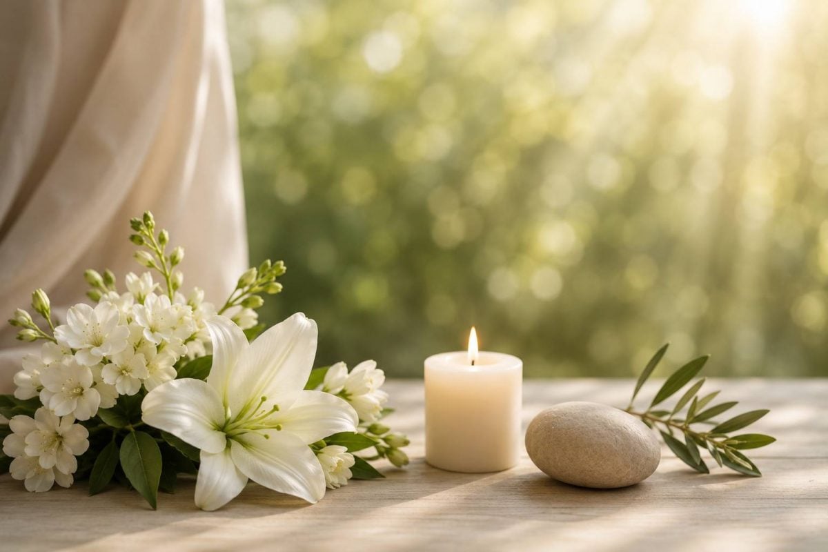 Sympathetic memorial arrangement with fresh white flowers, a framed keepsake, and a candle in Schenectady, NY.