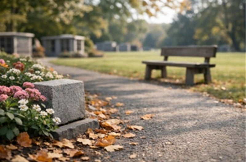 Peaceful urn garden path with flowers and a bench for cremation memorial visits at cemeteries in Albany, NY