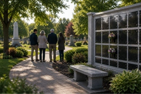 Peaceful columbarium and memorial garden at cemeteries in Albany, NY with family members in the background viewing memorial options. 