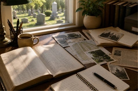 Burial records and family research documents overlooking cemeteries in Schenectady, NY through a sunlit window.
