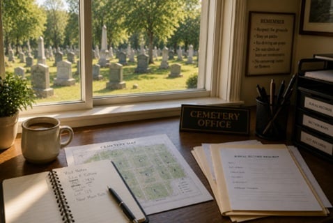 Cemetery office with burial records and visit planning materials overlooking cemeteries in Schenectady, NY through a sunlit window