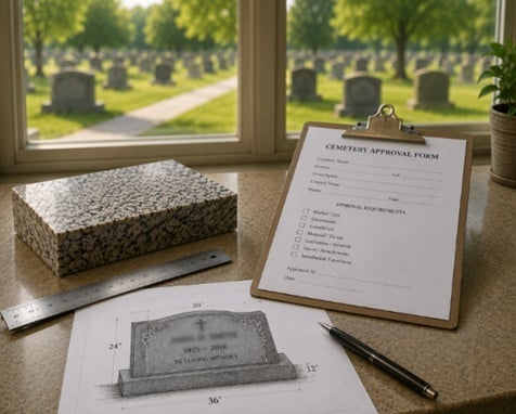 Granite marker sample with memorial planning documents in Delmar, NY