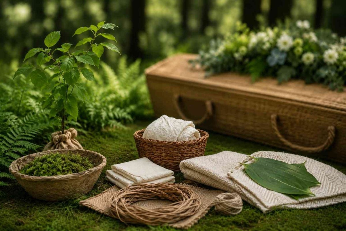 Green burial supplies with a biodegradable casket and natural materials for eco-friendly burial planning in Albany, NY.