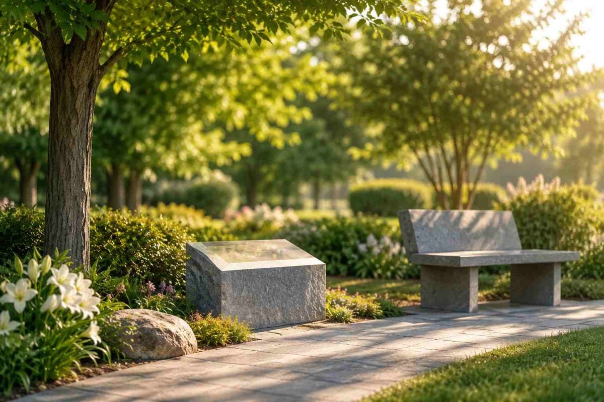 Memorial bench and granite monument in a peaceful remembrance garden in Schenectady, NY.