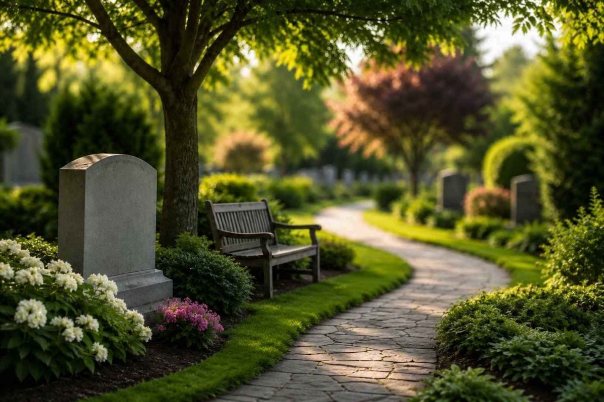 Peaceful cemetery pathway with a memorial bench and headstone in Schenectady, NY.