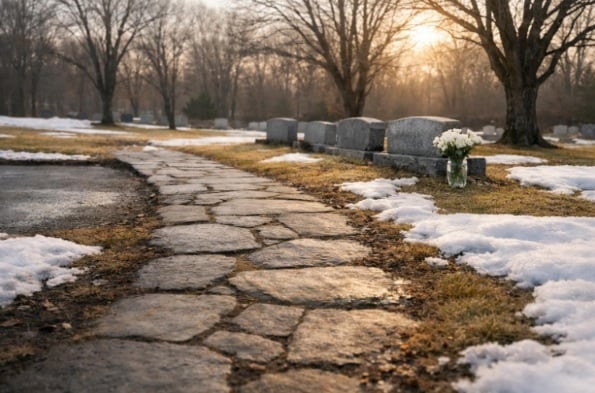 Cemetery walkway and burial spaces in Delmar, NY during winter.