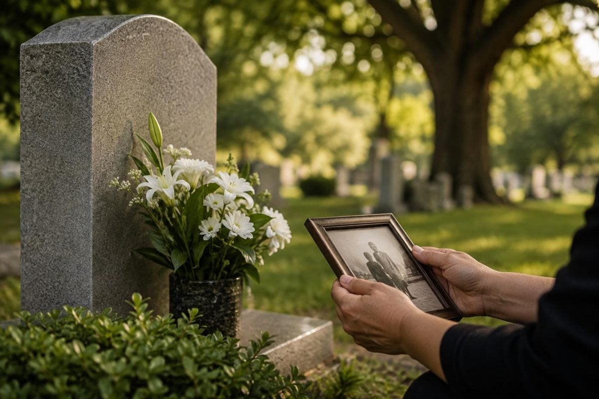 Family member reflecting beside a memorial at a cemetery in Troy, NY.