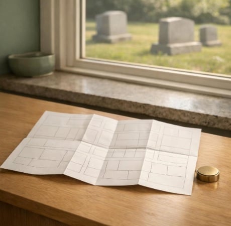 Cemetery planning map overlooking grave markers in Albany, NY.