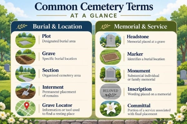 Infographic explaining common burial, location, memorial, and cemetery service terms for families in Albany, NY.