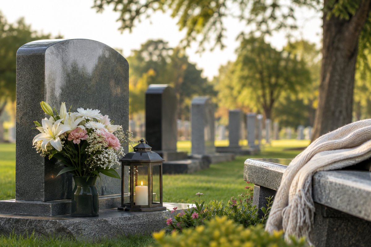 Peaceful cemetery memorial surrounded by flowers and greenery in Troy, NY.