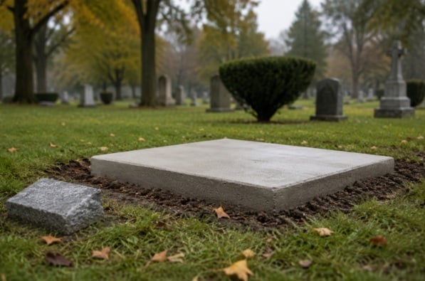 Headstone installation foundation prepared within a peaceful cemetery in Delmar, NY.