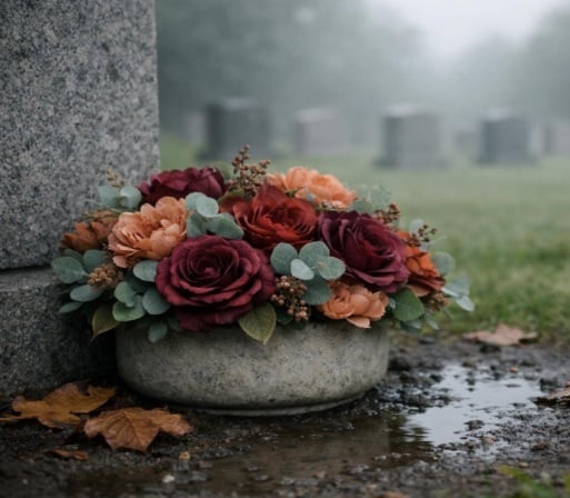 Weather-resistant grave flower arrangement at a cemetery in Schenectady, NY