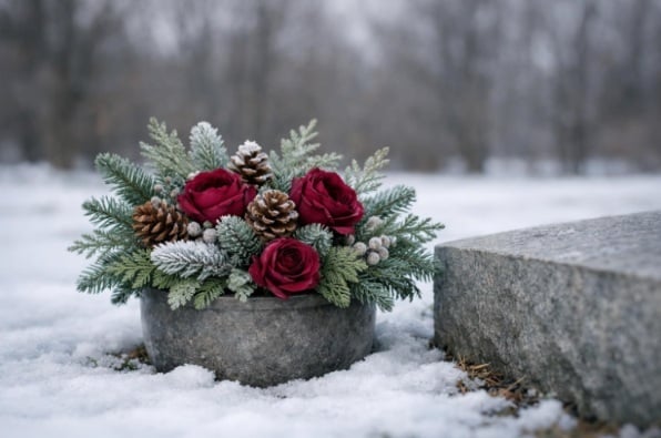 Winter grave flower arrangement at a cemetery in Schenectady, NY