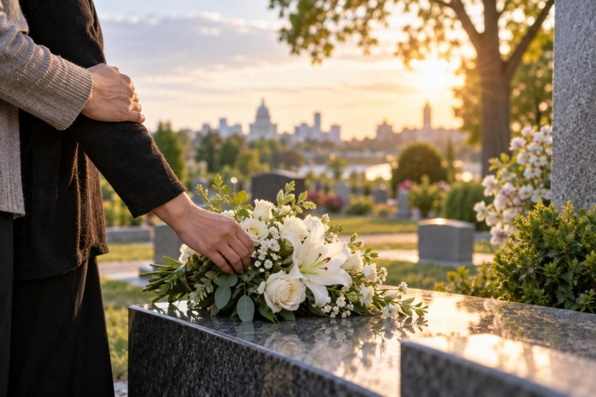 Family member placing flowers at a cemetery memorial in Albany, NY.