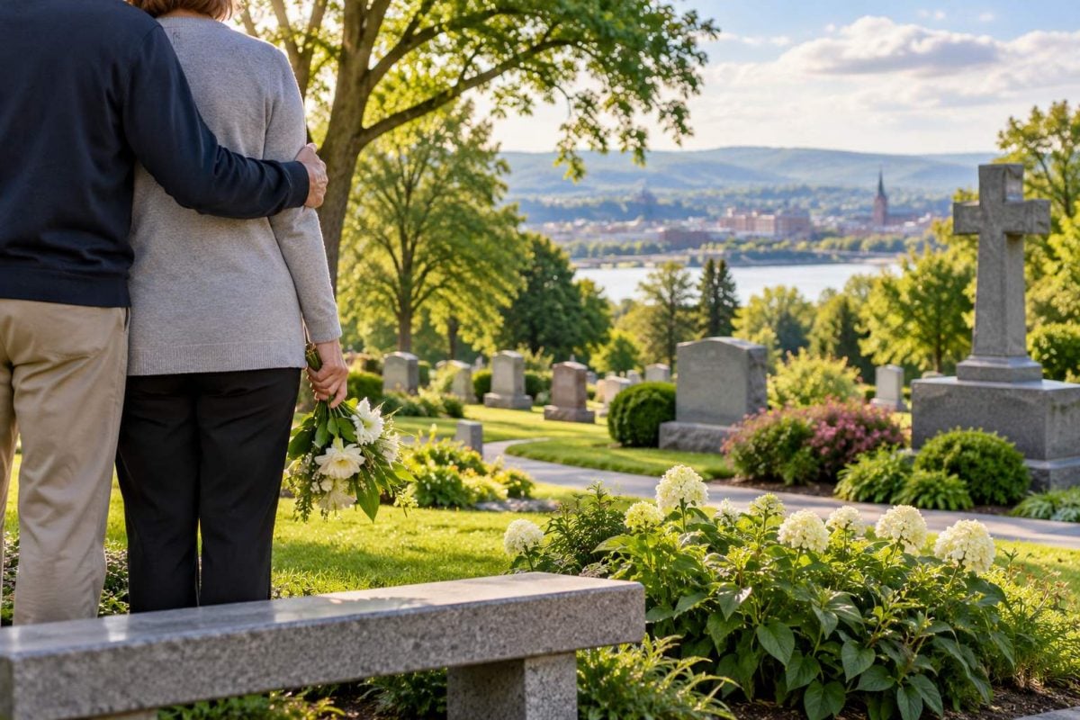 Family visiting a cemetery while considering legacy planning in Troy, NY.