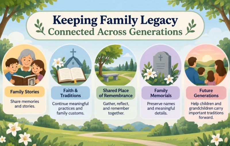 Infographic showing ways families can preserve stories, traditions, memorials, and connections across generations in Troy, NY. 