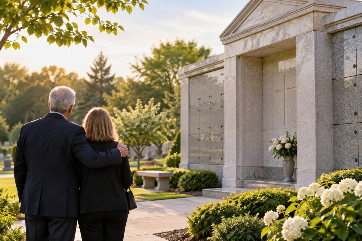 Family visiting a mausoleum while considering burial planning in Albany, NY.