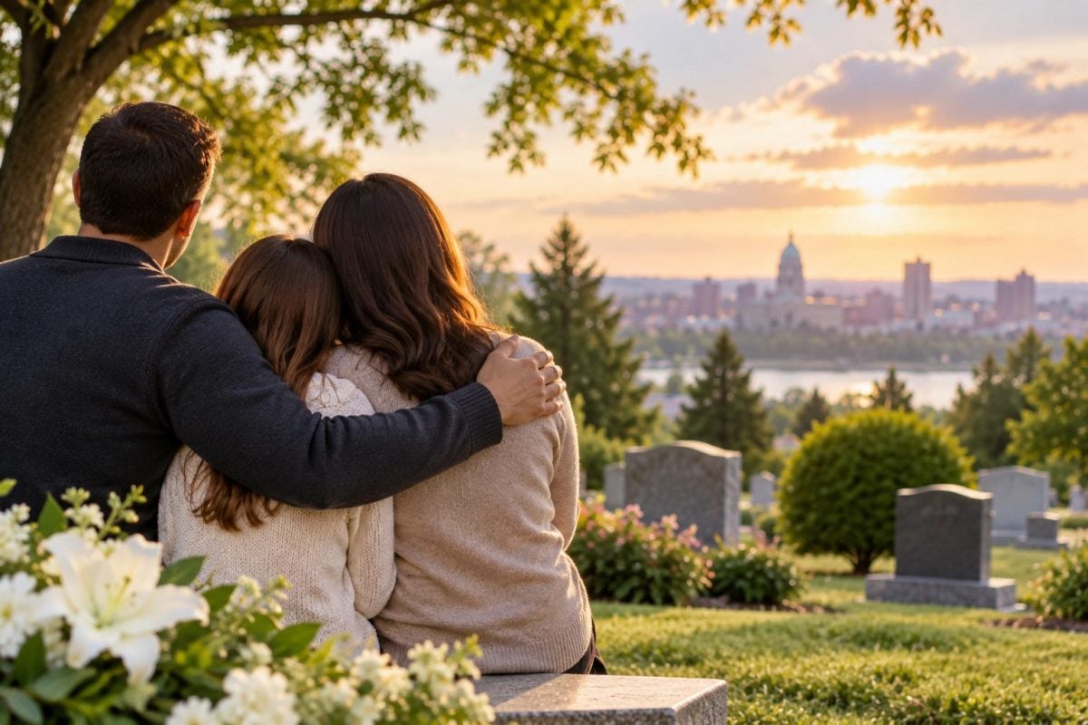 Family reflecting together at a cemetery memorial in Albany, NY.